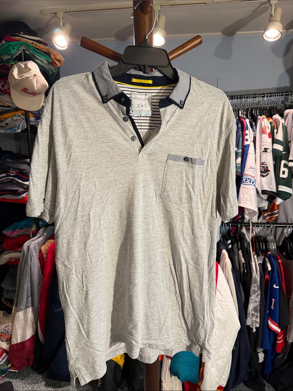 Denim & Flower Light Gray Polo with Contrast Navy Collar